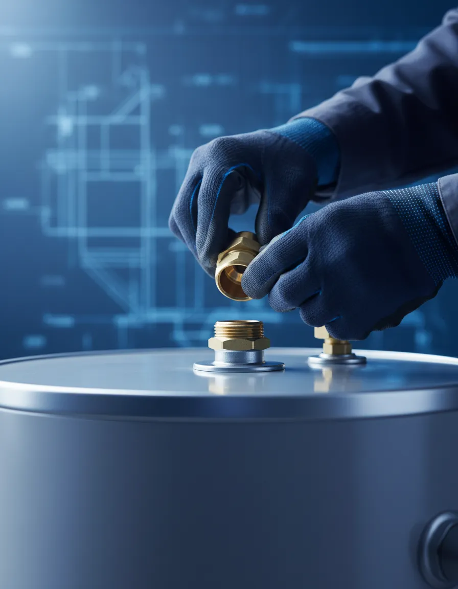 Professional evaluating a technical water heater component in Terryville, NY