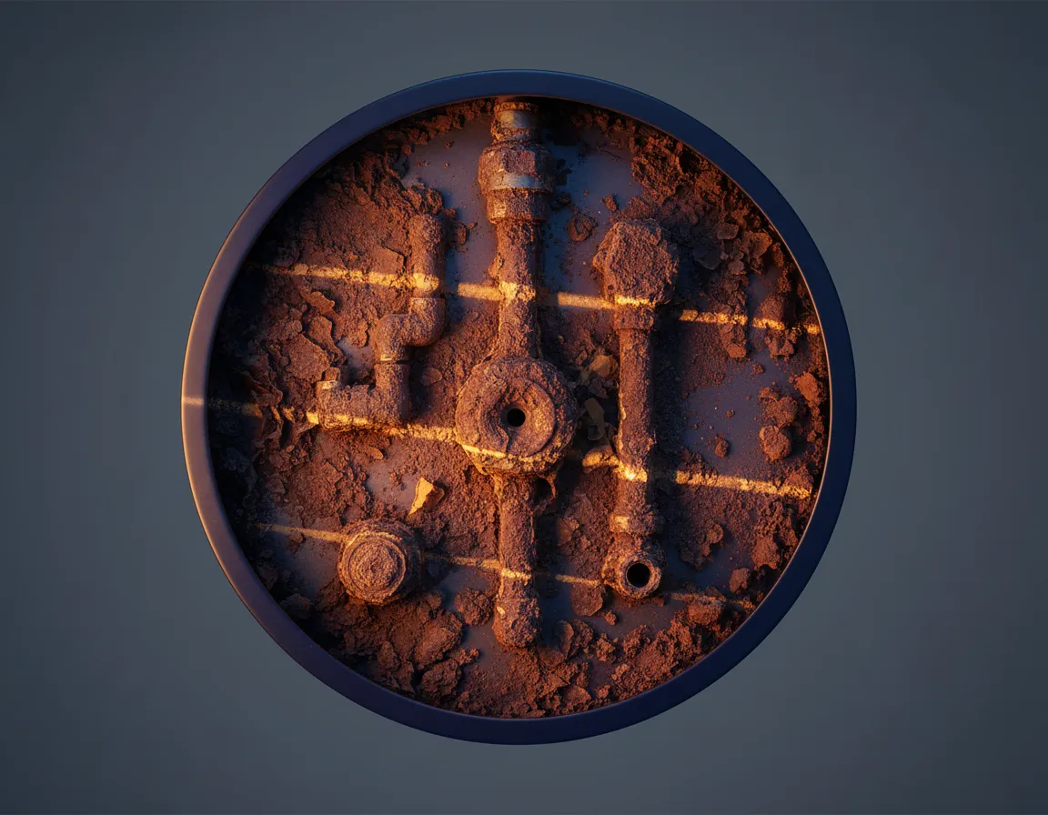 Visual illustration of well water mineral buildup inside a water heater tank typical of Miller Place
