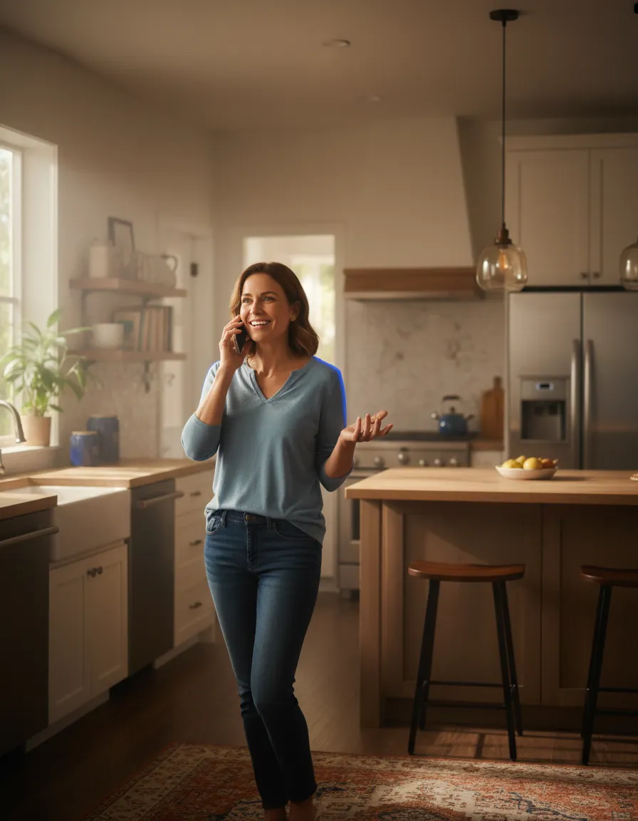 Homeowner looking relieved after connecting with a local East Setauket water heater professional