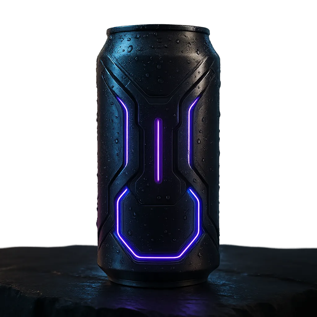 LVLUP Energy drink can glowing with neon purple and electric blue lights