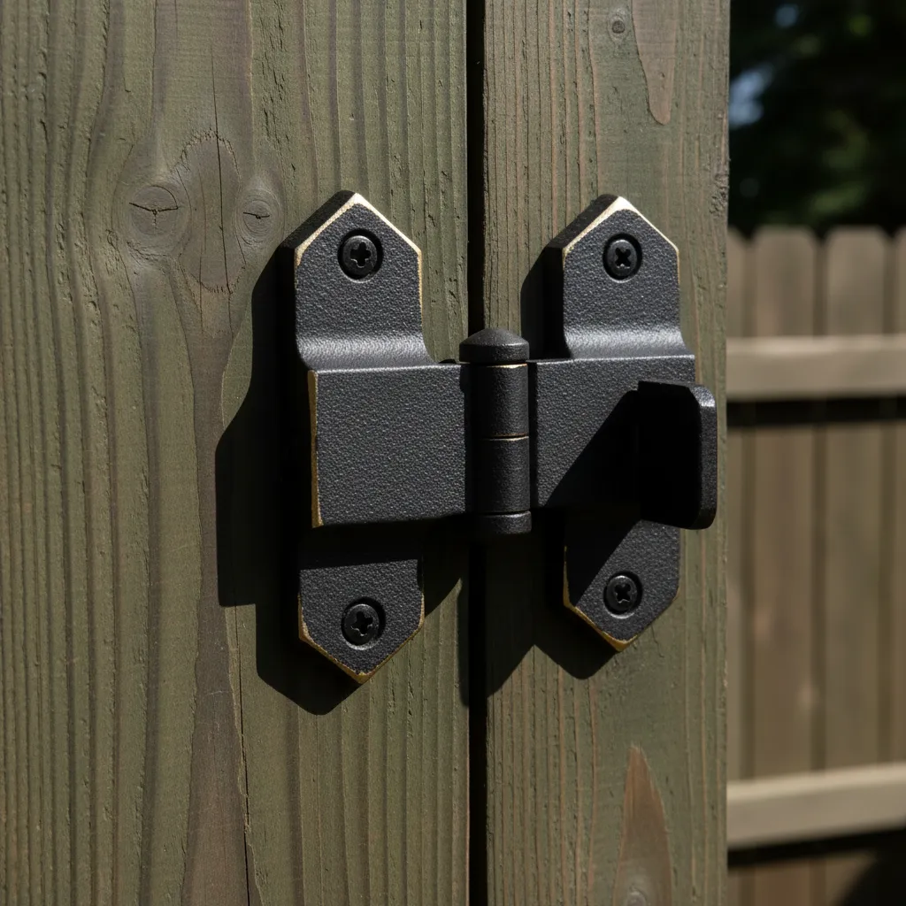 Close-up of robust, heavy-duty gate hardware