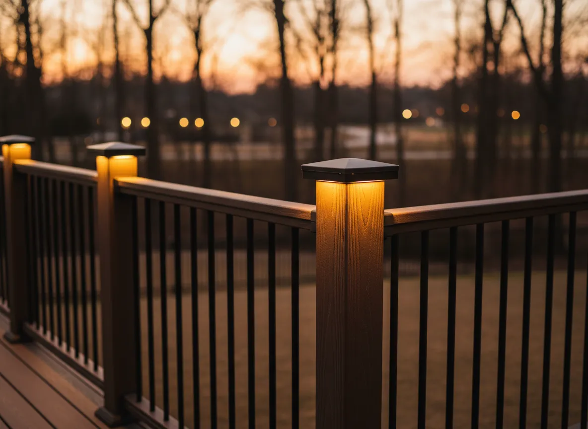 Trex post cap lighting on composite deck railing in Nashville backyard