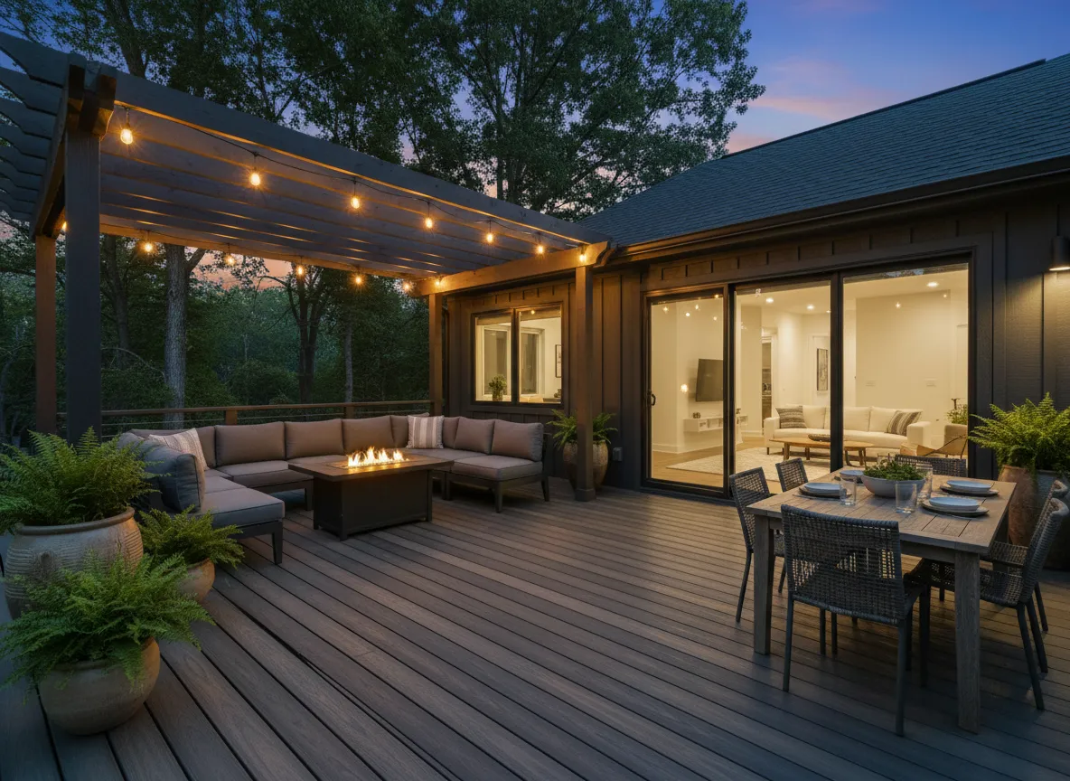 Modern backyard deck with outdoor seating built by Nashville deck builders
