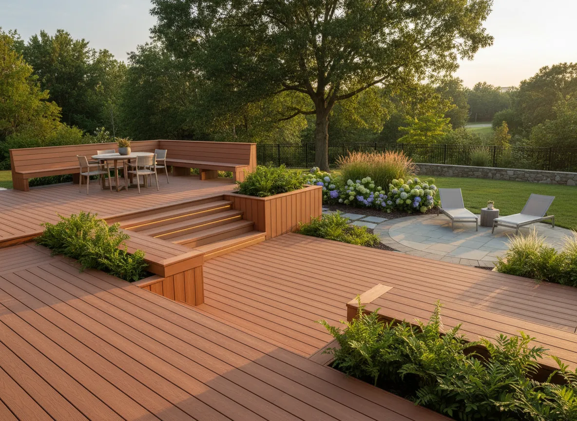Trex deck design ideas with multiple levels and seating