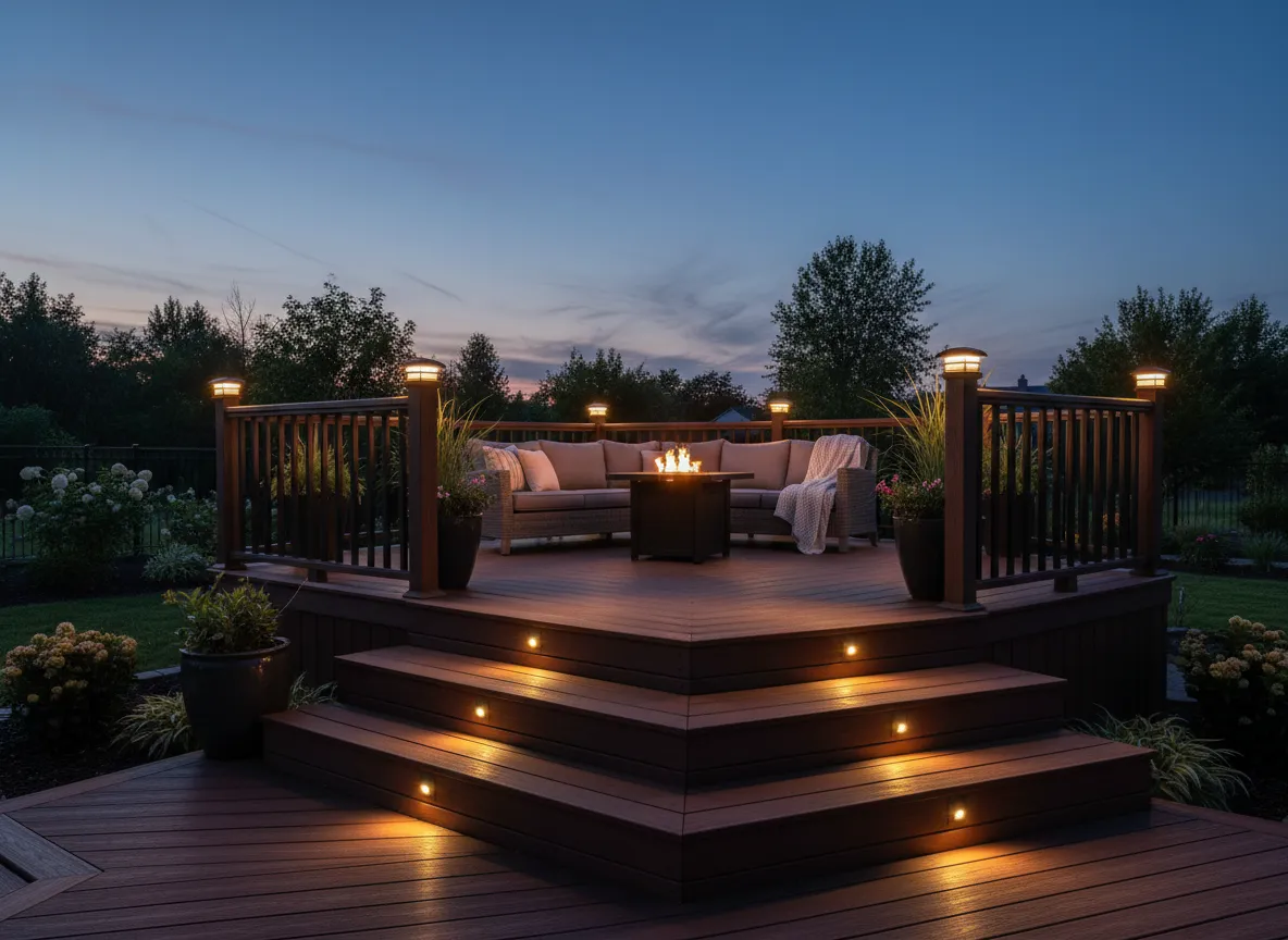 Trex deck lighting on evening backyard deck