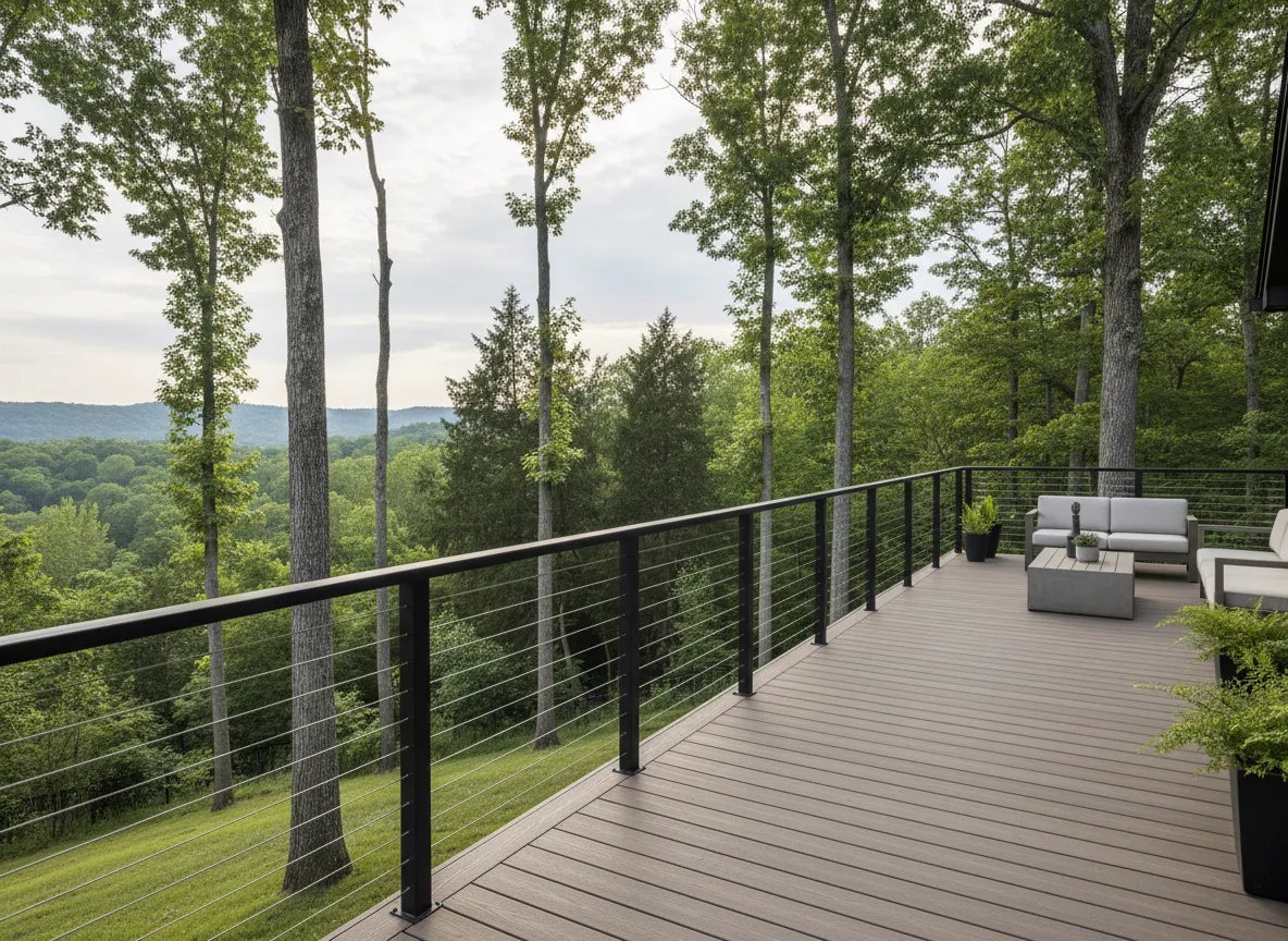 Trex cable railing system with stainless steel cables on elevated deck