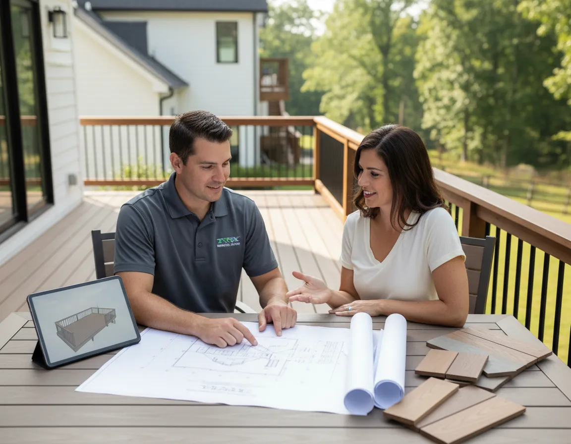 Trex deck contractor Nashville discussing composite deck plans with homeowner