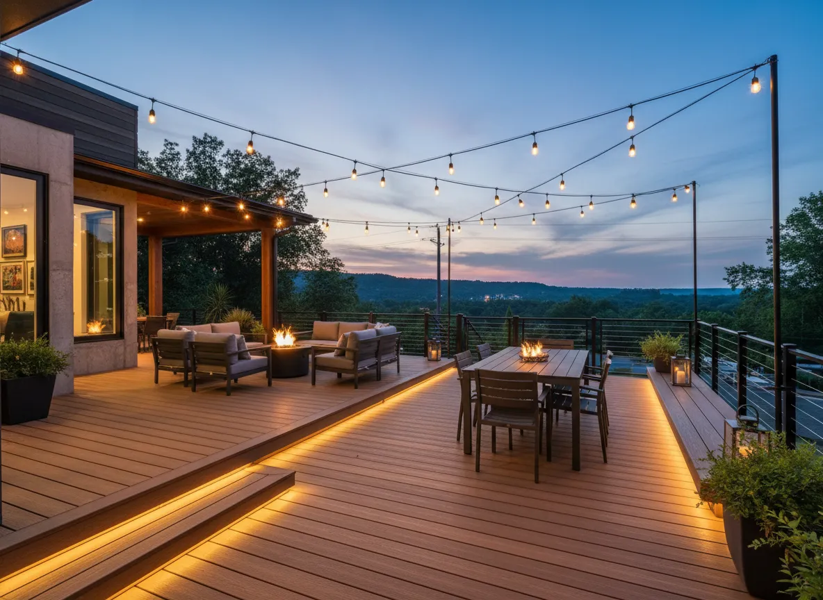 Modern Trex outdoor deck design for Nashville home with seating and lighting