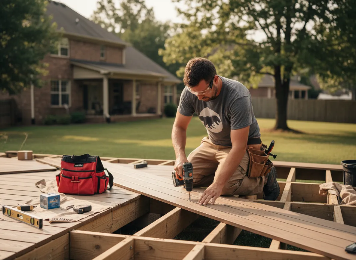 Trex composite deck builder installing outdoor composite deck in Nashville backyard