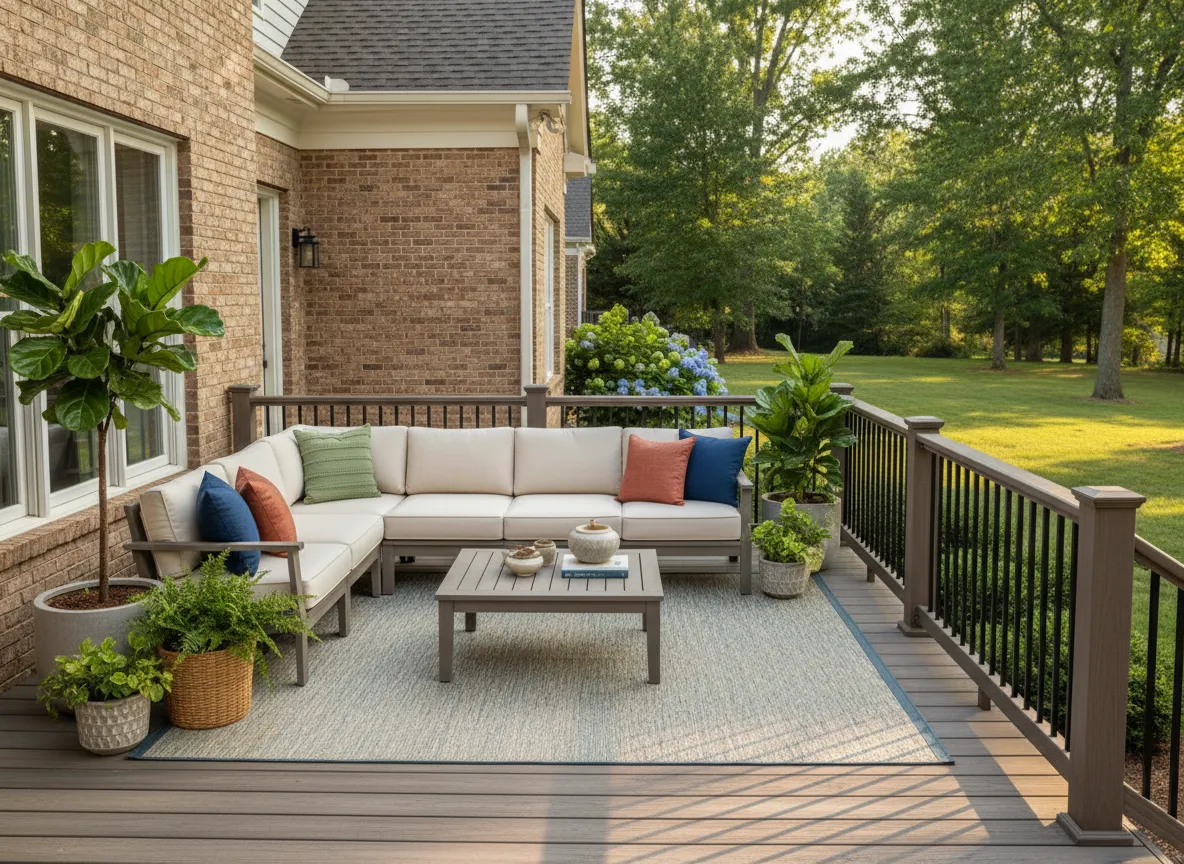 Trex outdoor living deck with seating and dining area installed by Nashville contractor