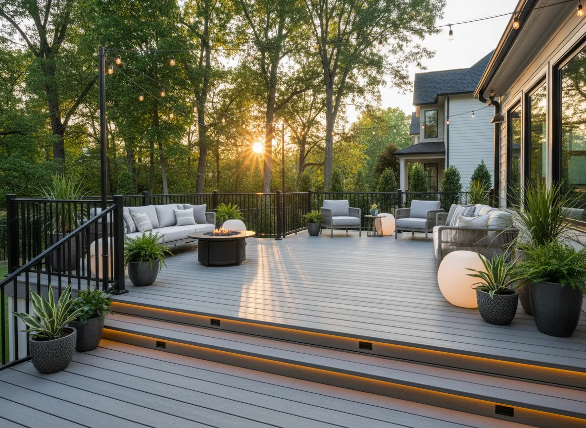 Custom backyard composite deck design in Nashville with modern railing and spacious seating area