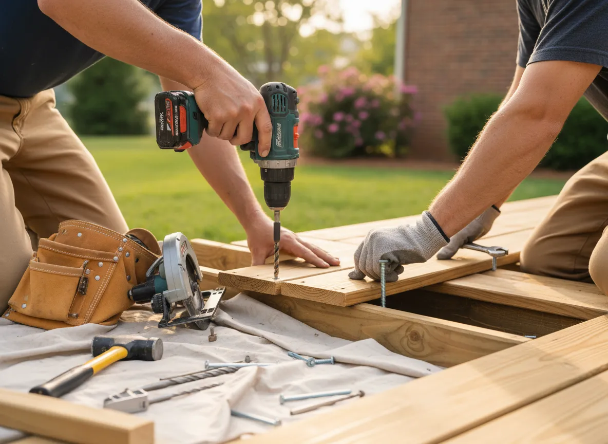 Professional deck repair by Nashville deck contractors fixing damaged deck boards and railings