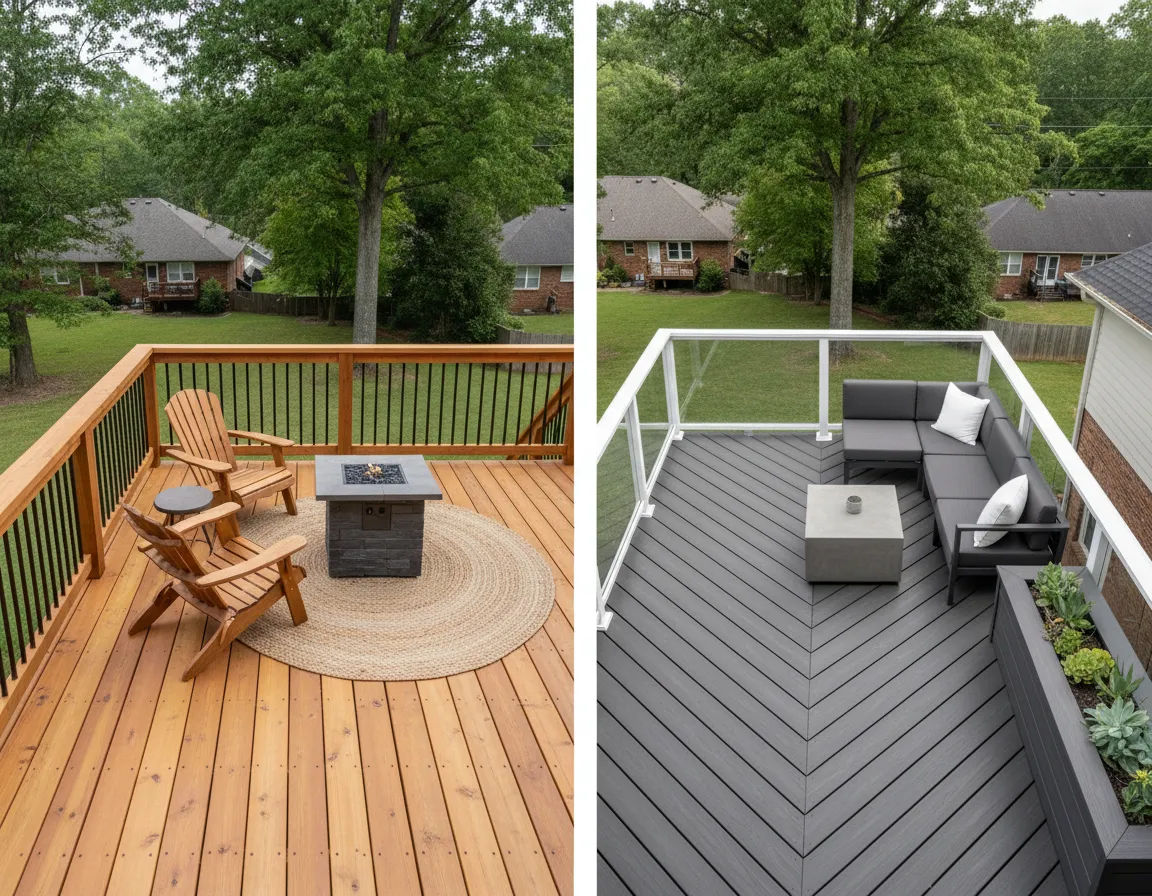 Deck builders Nashville completed wood and Trex deck projects side by side