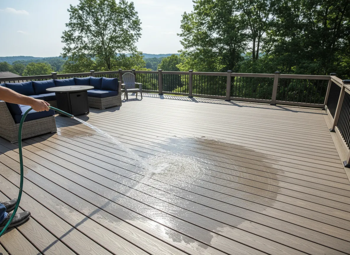 Trex backyard deck cleaning in Nashville demonstrating composite deck maintenance steps