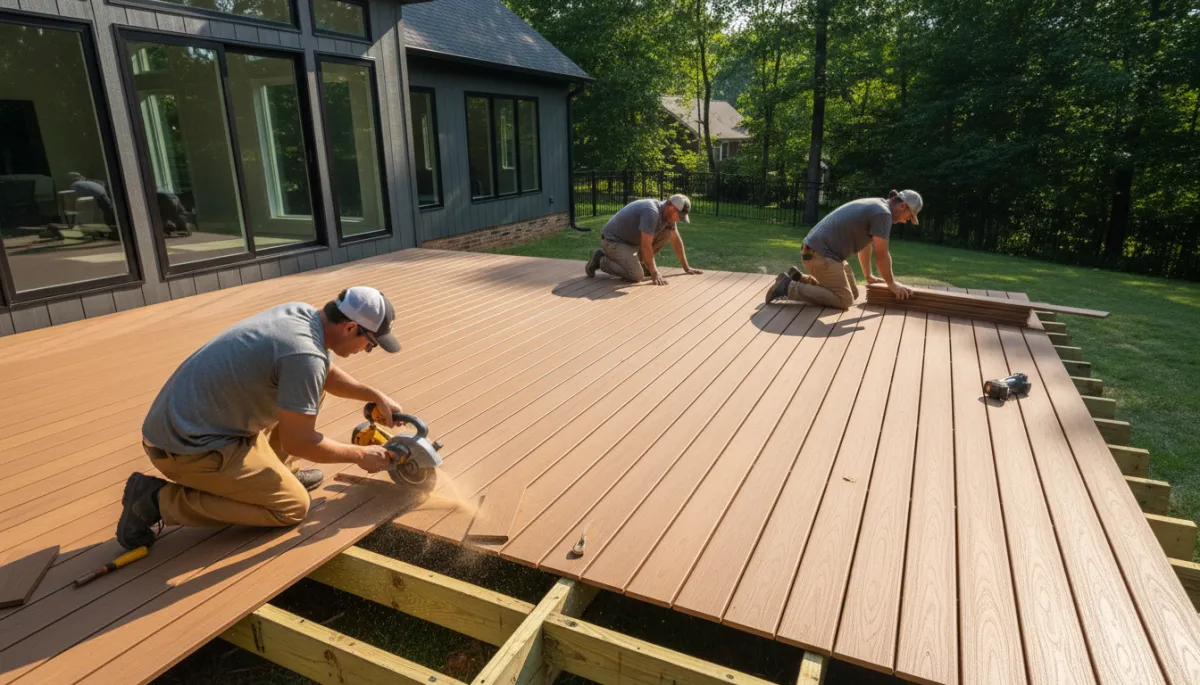 Trex deck builders Nashville installing composite decking boards on a raised backyard deck