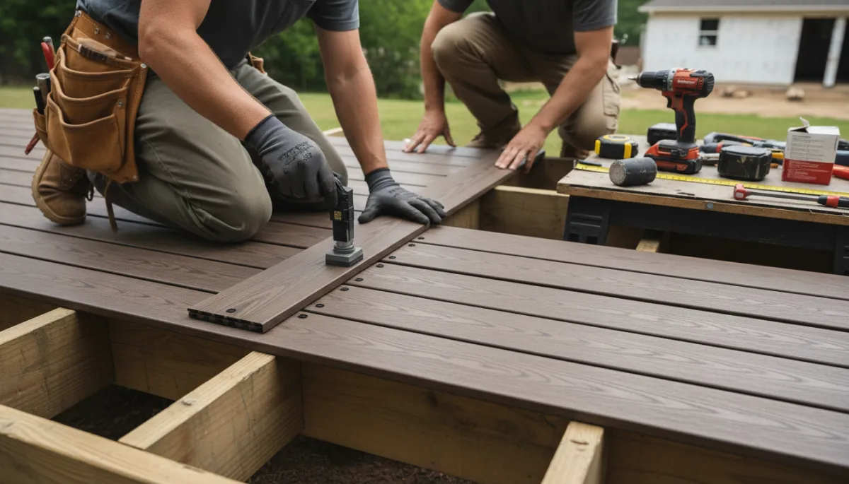 Trex composite deck installation in Nashville showing contractors fastening decking boards