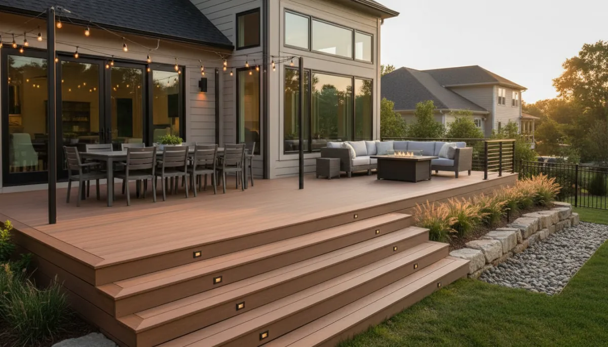 Modern Trex backyard deck design at a Nashville home with outdoor seating and stairs