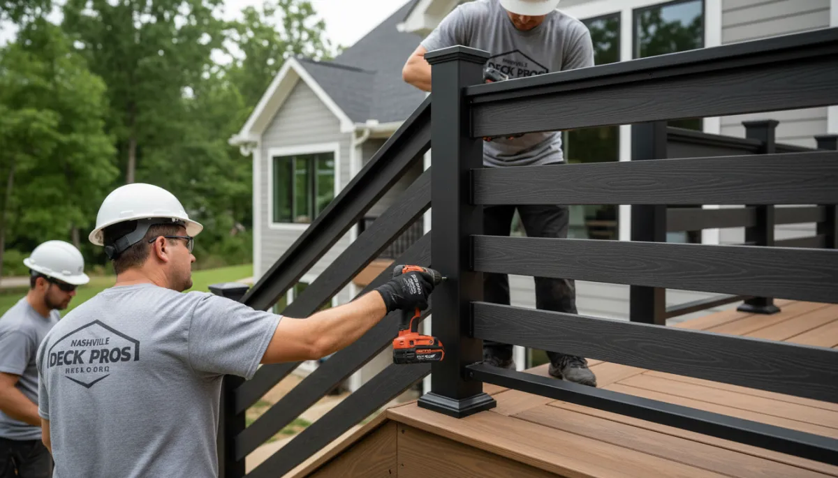 Composite deck builders Nashville completing a Trex deck with modern railing system
