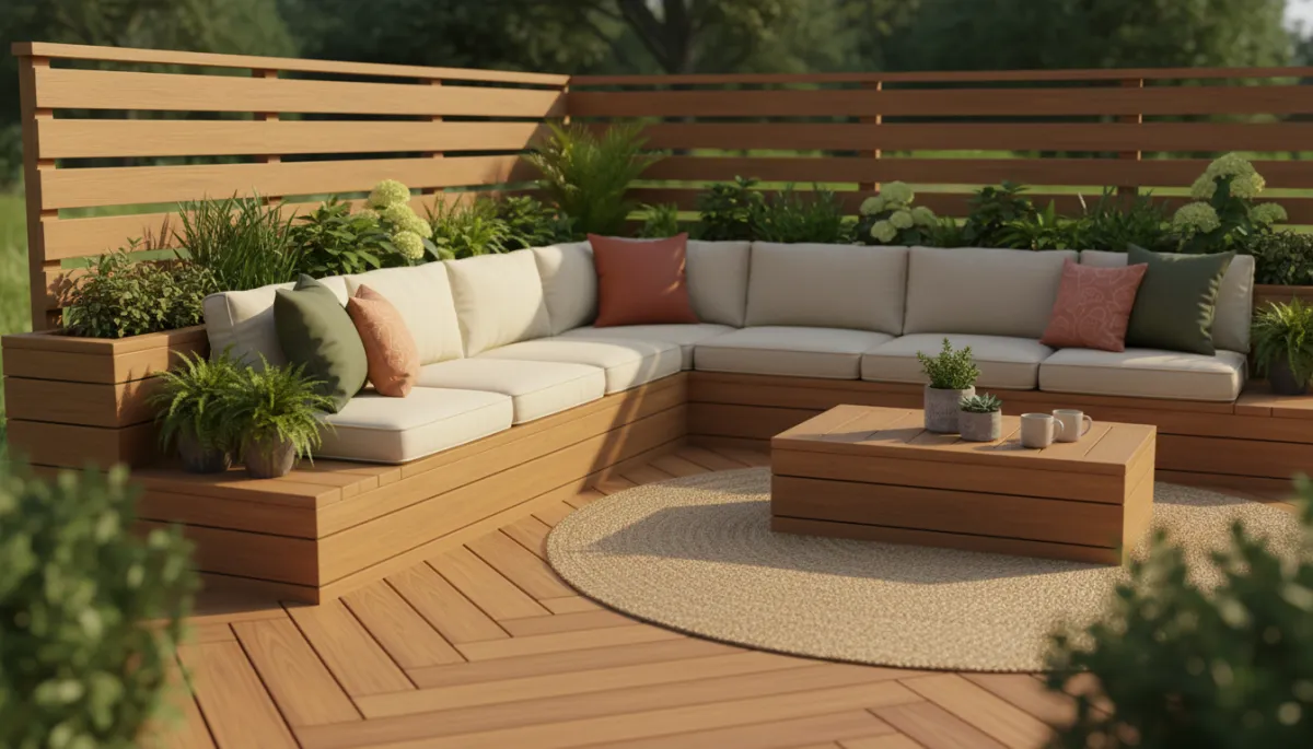 Trex deck with built in seating and custom design in Nashville backyard