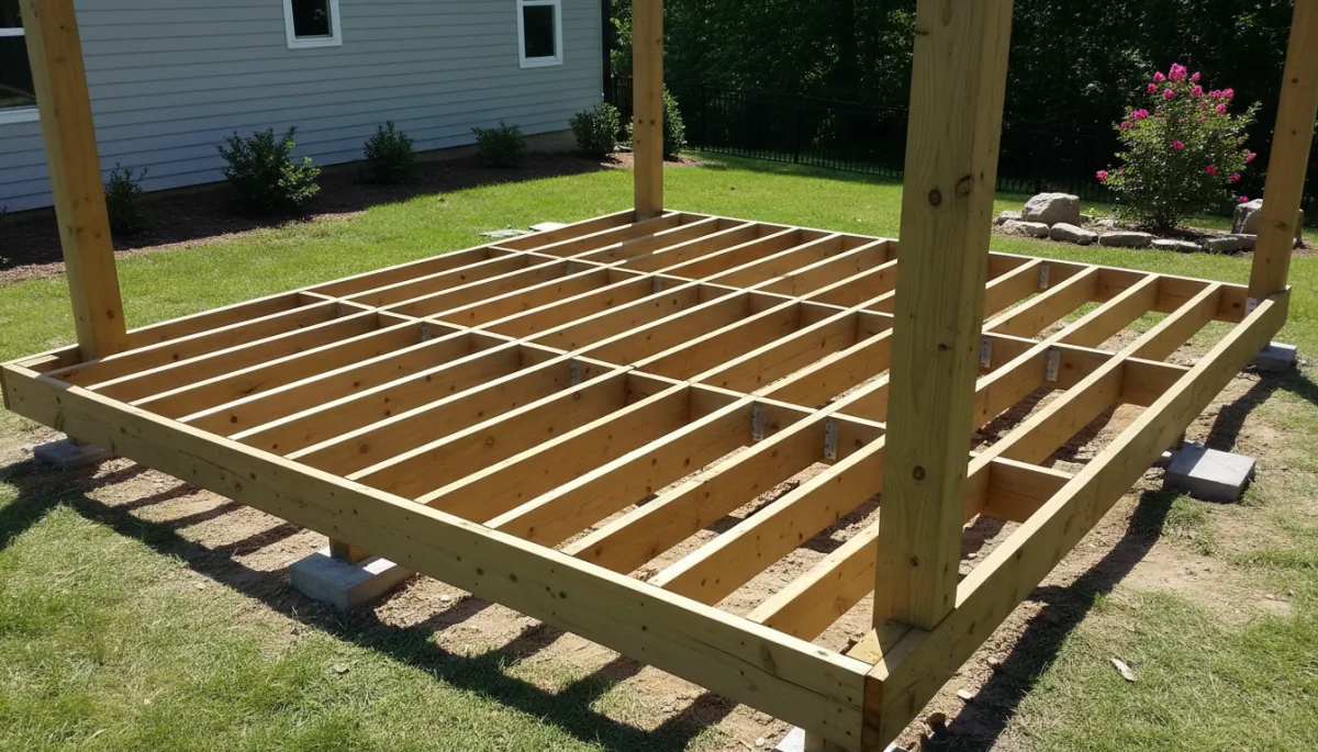 Trex deck framing construction in Nashville showing joists and support posts before decking installation
