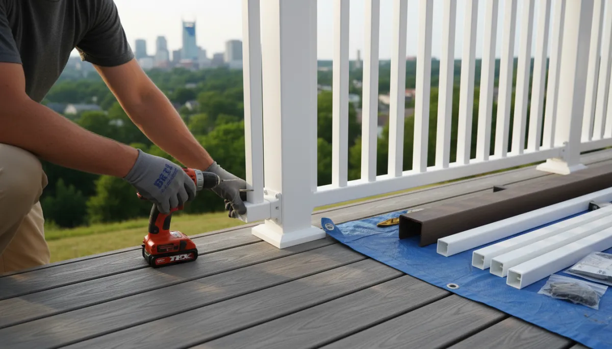 Crew completing Trex deck railing installation on a composite deck in Nashville