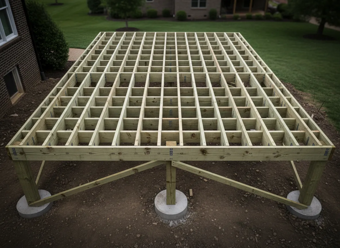 Composite deck framing structure during professional deck construction in Nashville