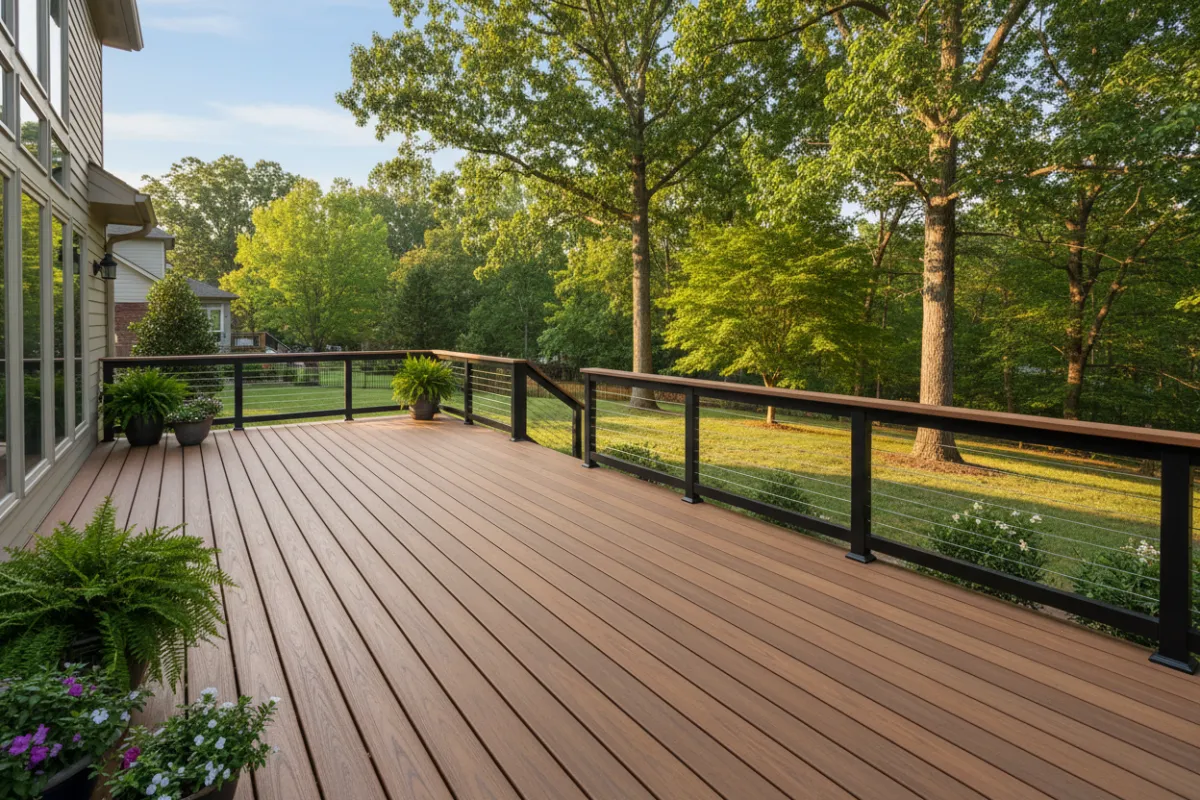 Trex composite deck installation at a Nashville home showcasing a new brown Trex deck and backyard, representing local service areas