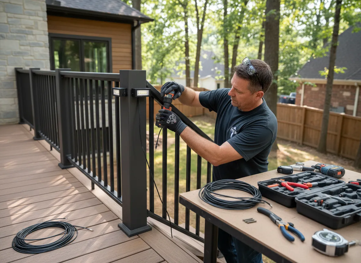 Trex deck railing lighting being installed by Nashville deck lighting contractor