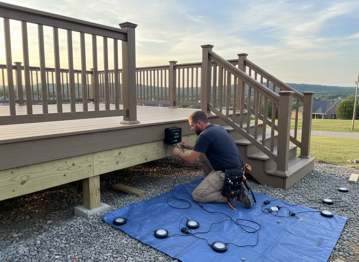 Professional deck lighting installation in Nashville with Trex low-voltage fixtures