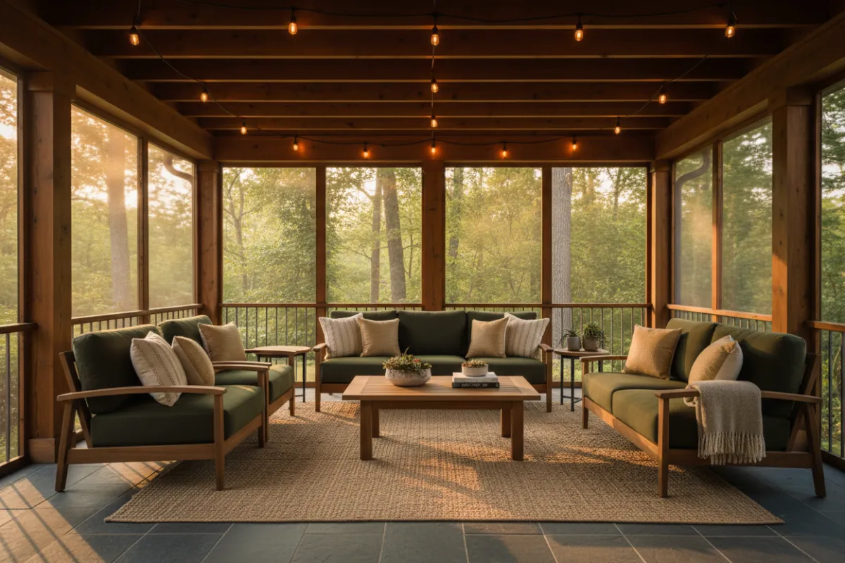 Clean, furnished screened porch showing comfortable outdoor living