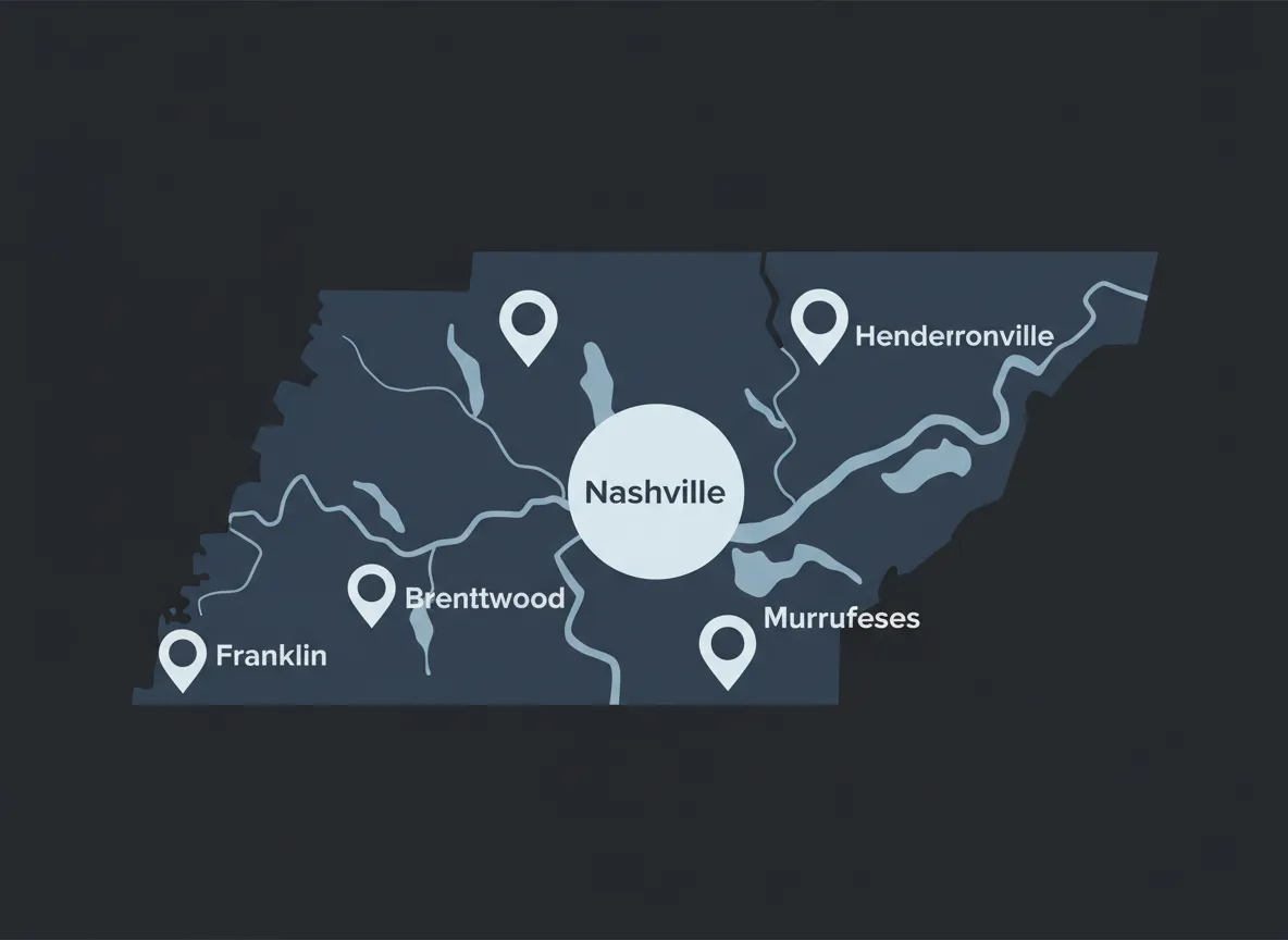 Map illustration of Nashville and nearby cities served by deck builders Nashville