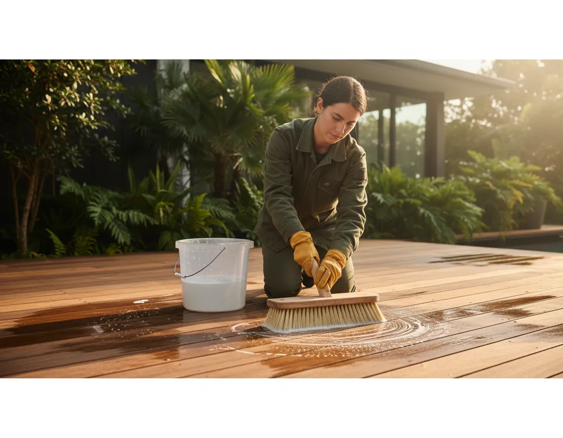 Professional cleaning a stained wooden deck