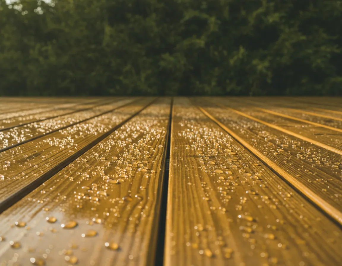 Freshly re-coated deck surface showing water beading
