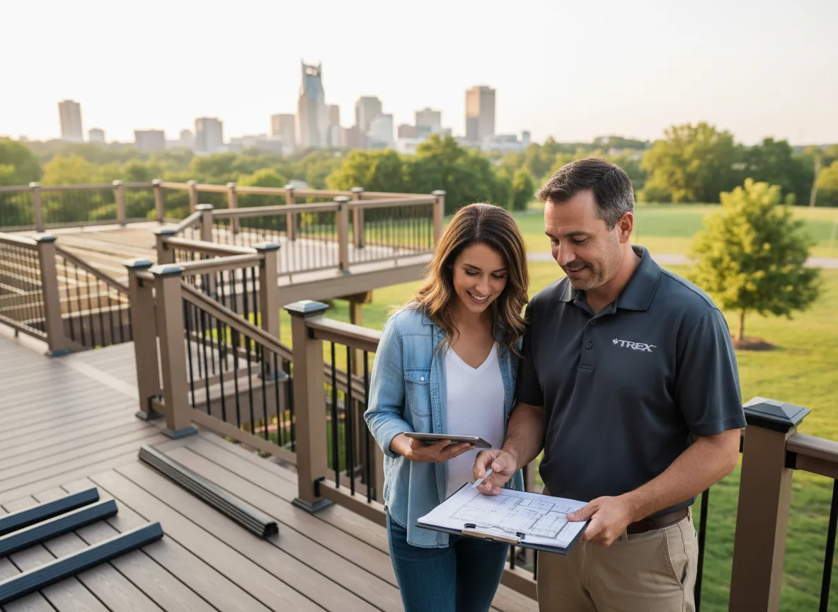 Trex deck builder Nashville discussing composite deck cost with homeowner
