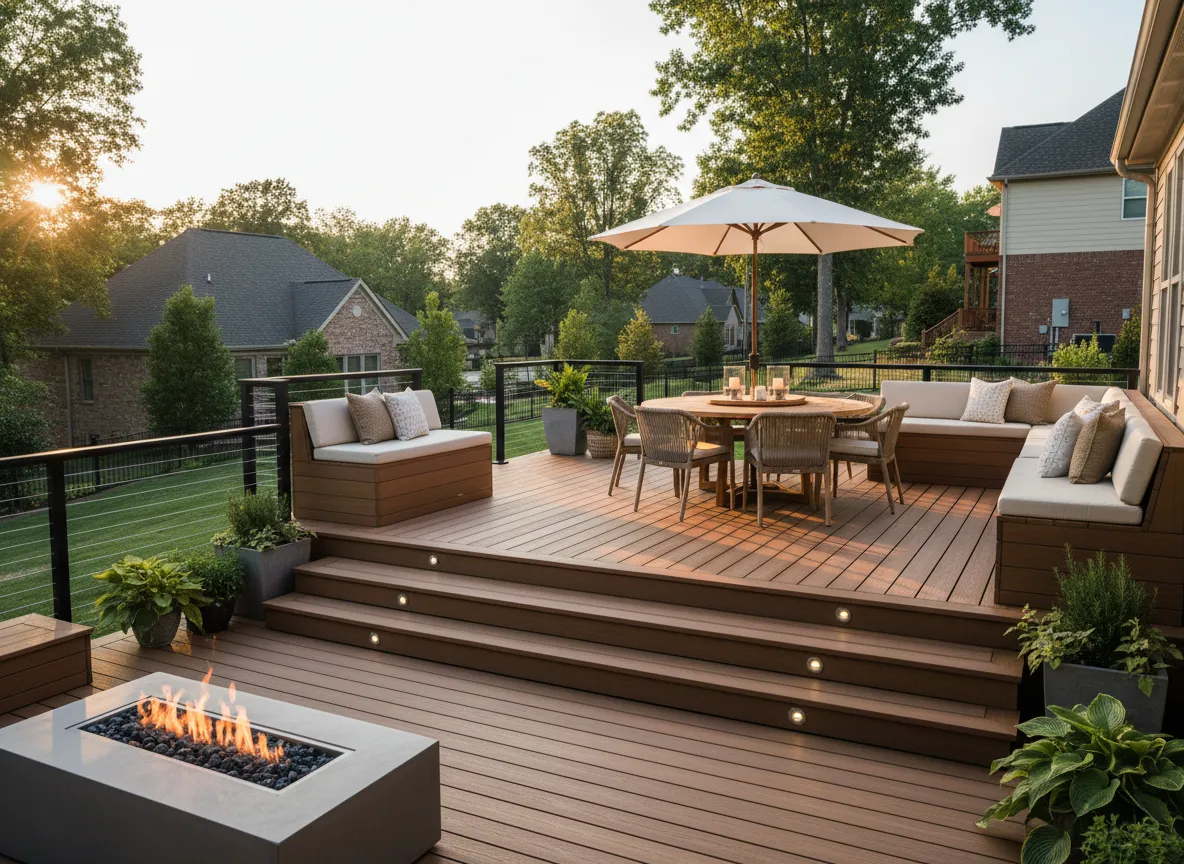 Custom Trex outdoor living deck design with multi level spaces in Nashville
