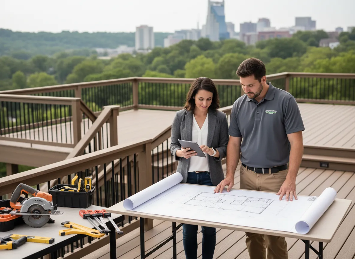 Trex deck contractor Nashville reviewing deck construction plans with homeowner