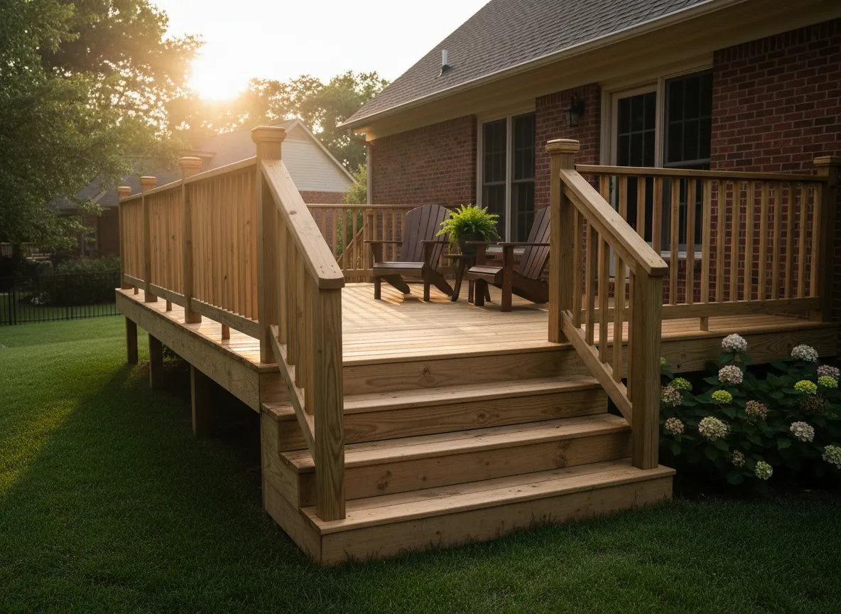 Traditional wood backyard deck with railing design on a Nashville home