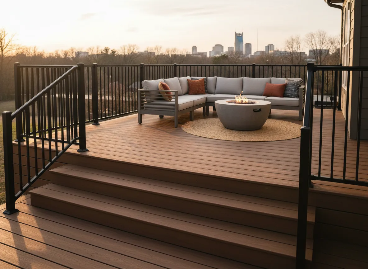 Trex composite deck installation Nashville with modern railing and outdoor seating area