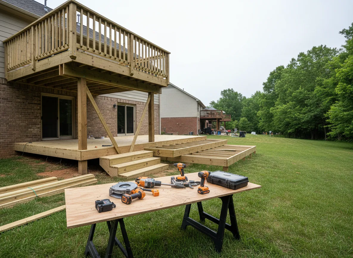 Backyard deck construction project in Nashville with multi-level wood deck framing