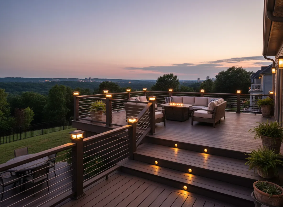 Composite deck lighting design showcasing Trex fixtures on a Nashville backyard deck
