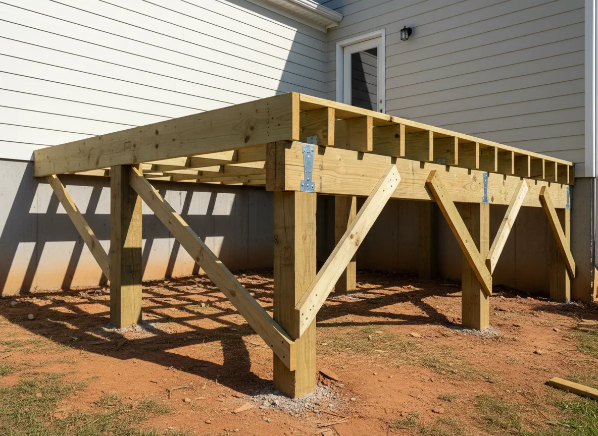 Deck framing construction showing structural deck framing and support posts in Nashville
