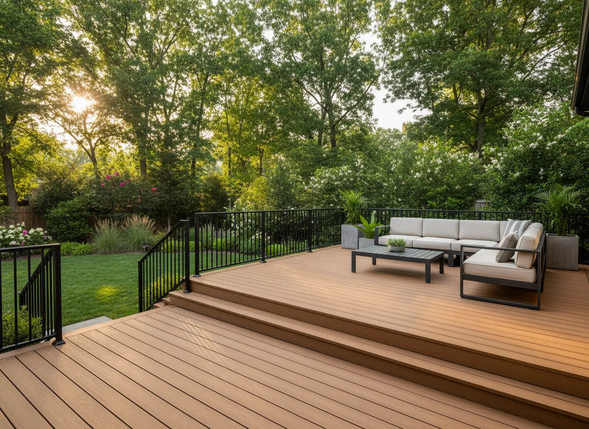 Modern Trex outdoor living deck in Nashville showcasing low maintenance composite decking and railing design