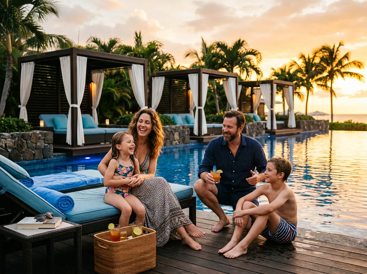 Piscina tropical de lujo y áreas de relajación en resort de Orlando