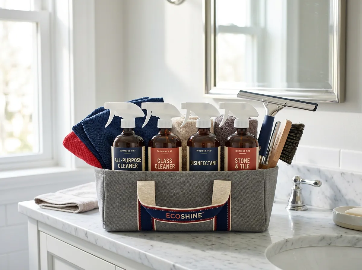 Neatly arranged professional cleaning equipment and supplies ready for residential housekeeping