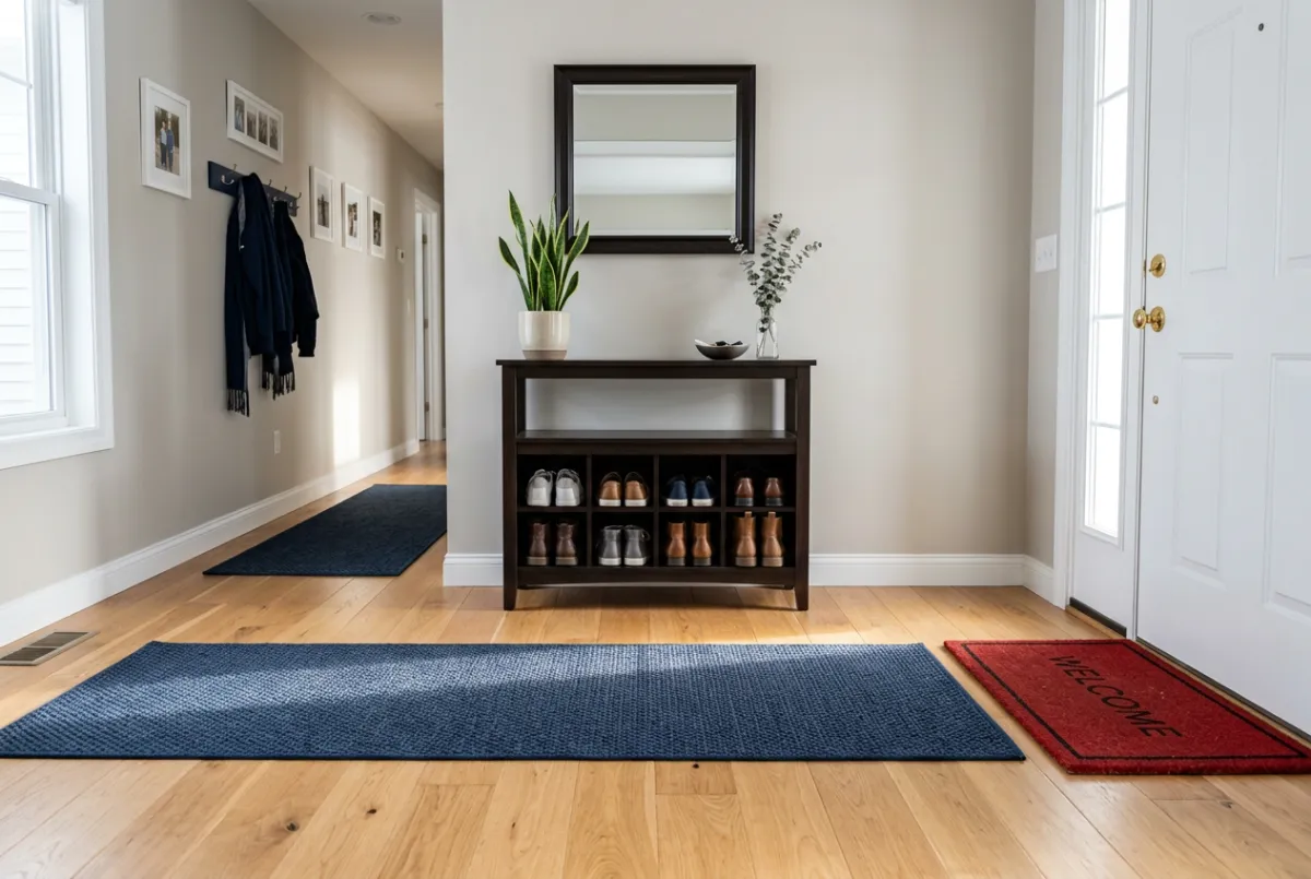 Impeccably clean and tidy modern home entryway with spotless floors and welcoming ambiance