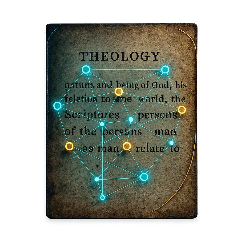 An abstract composite graphic showing an ancient manuscript interwoven with a high-tech theological knowledge graph.