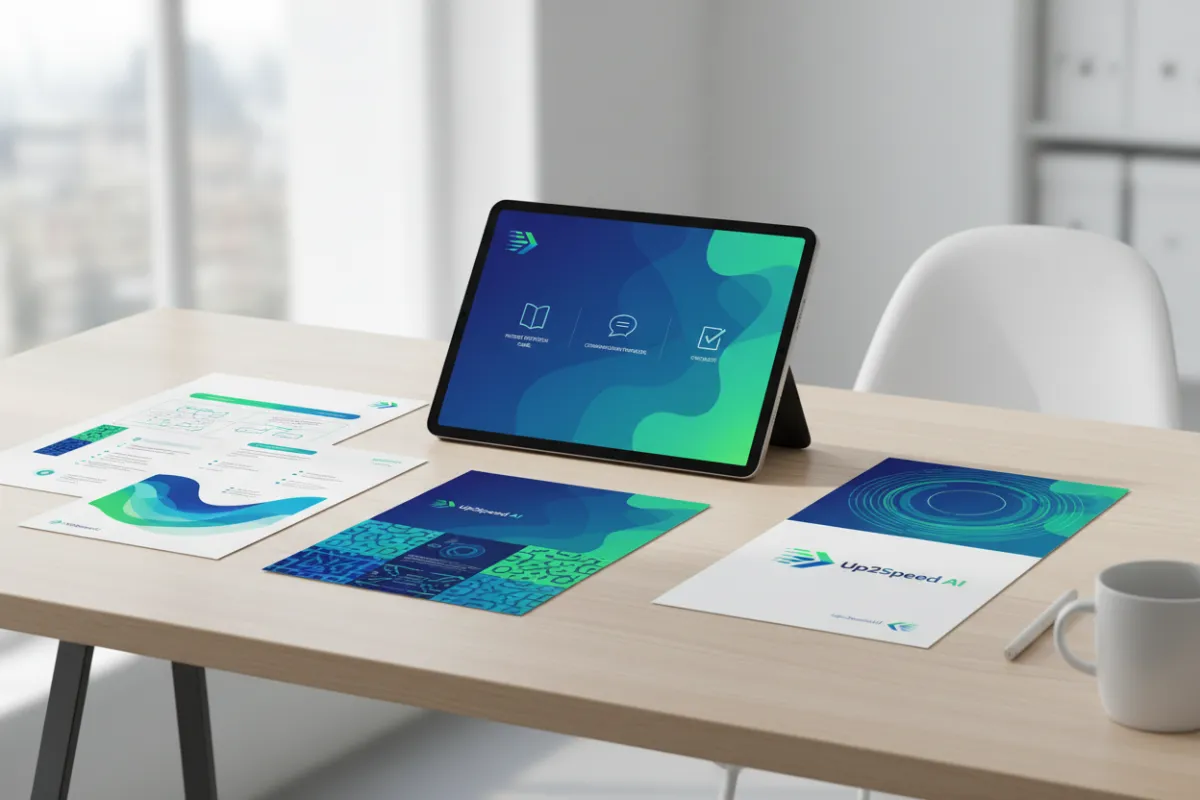 A collection of digital resources including a patient retention guide, communication templates, and a checklist, all branded with Up2Speed AI colors, displayed on a tablet and printed sheets on a clean desk.