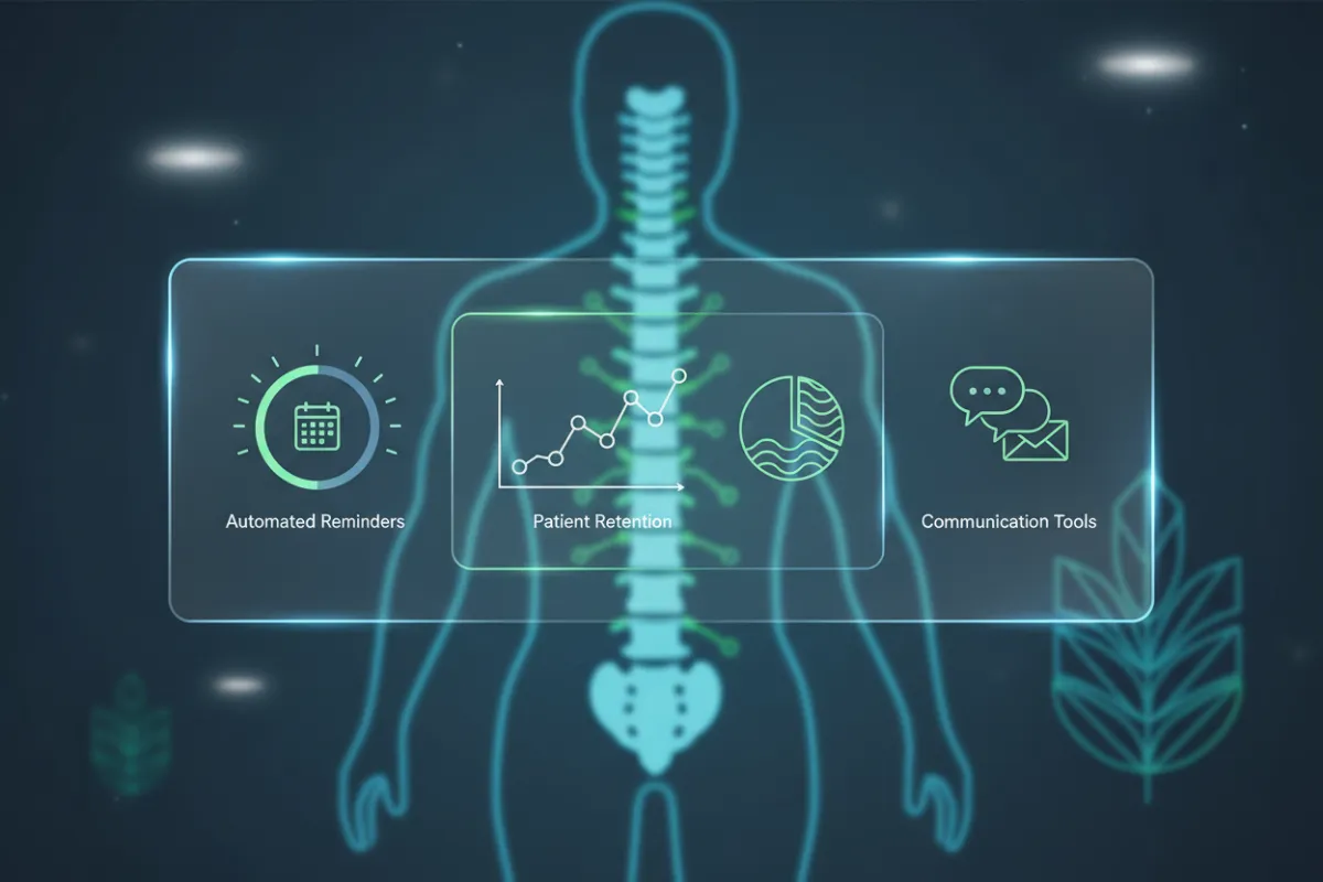 A modern, clean digital dashboard interface showing automated appointment reminders, patient retention analytics, and communication tools, with a subtle physiotherapy clinic motif in the background. The style is crisp, professional, and tech-forward, evoking trust and innovation.