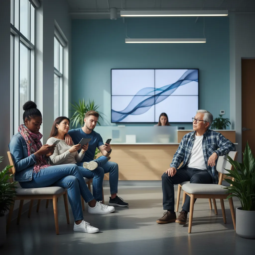 A diverse group of patients in a waiting room, some looking at their phones, others glancing at the reception, highlighting the challenge of keeping patients engaged and returning for follow-ups. The setting is a bright, modern clinic.