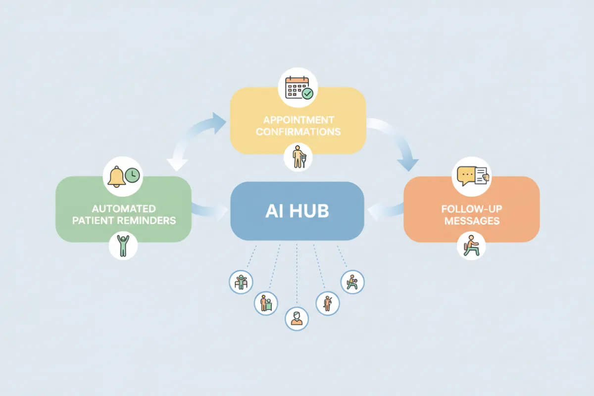 A flowchart-style illustration showing automated patient reminders, appointment confirmations, and follow-up messages, all connected to a central AI hub. The design is clean, with physiotherapy icons and a light, approachable color palette.